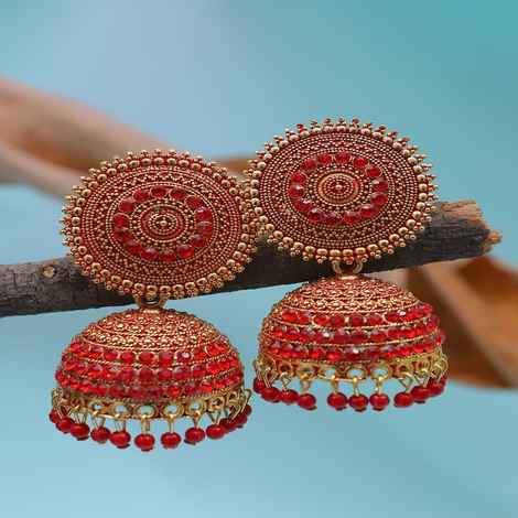 Crunchy Fashion Oxidised Gold-Plated Handcrafted Red Stone Jhumka Earrings RAE1575