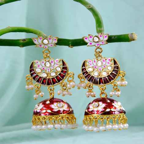 Crunchy Fashion Gold-Plated Lotus Style Maroon Meenakari Jhumka Earrings