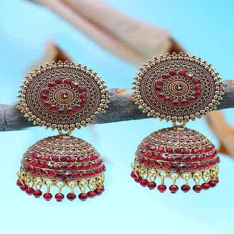 Buy Crunchy Fashion Oxidised Gold-Plated Handcrafted Maroon Stone Jhumka Earrings RAE1571 - Purplle
