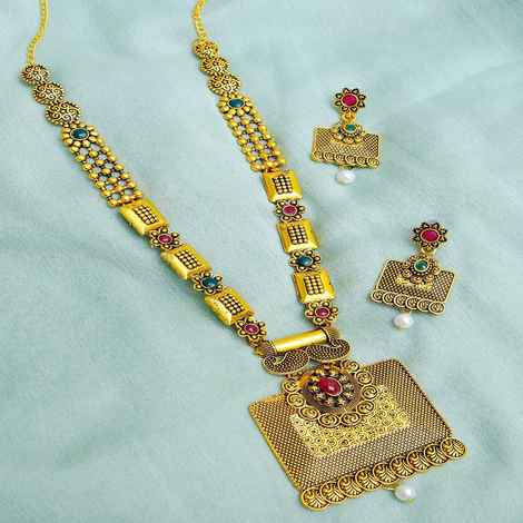Buy Crunchy Fashion Traditional Gold-Plated Imitation Antique Pendant Necklace Set with Earrings RAS0282 - Purplle