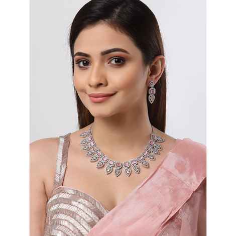 Buy Zeneme Silver Plated White & Pink Crystal Studded Handcrafted Leaf Shaped Jewellery Set - Purplle