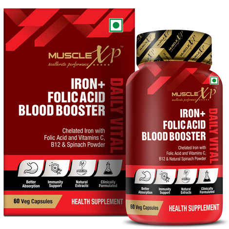 Buy MuscleXP Iron + Folic Acid Blood Booster Daily Vital, Chelated Iron With Folic Acid & Vitamin C, B12 & Natural Spinach Powder, 60 Veg Capsules - Purplle