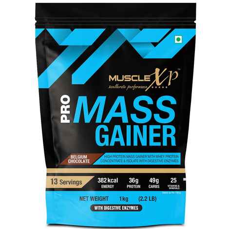 Buy MuscleXP Pro Mass Gainer for Musce Mass Gain With Whey Protein, Whey Isolate, 25 Vitamins and Minerals, Digestive Enzymes, Belgium Chocolate, 1kg Pouch (2.2 lb) - Purplle