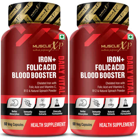 Buy MuscleXP Iron + Folic Acid Blood Booster Daily Vital, Chelated Iron With Folic Acid & Vitamin C, B12 & Natural Spinach Powder, 60 Veg Capsules x Pack Of 2 - Purplle