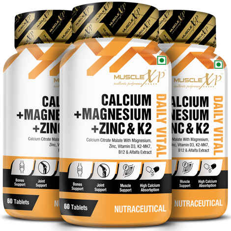 Buy MuscleXP Calcium + Magnesium + Zinc & K2 - MK7 Daily Vital with Alfalfa Extract, Vitamin B12 and D3, 60 Tablets x Pack Of 3 - Purplle