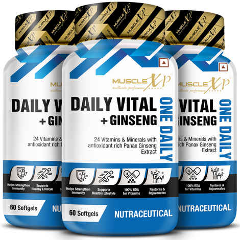 Buy MuscleXP One Daily Vital + Ginseng Multivitamin with 24 Vitamins & Minerals + Panax Ginseng for Men & Women, 60 Softgels x Pack Of 3 - Purplle