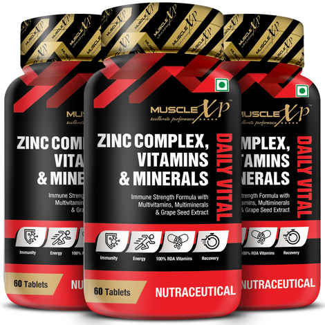 MuscleXP Zinc Complex Vitamins & Minerals Daily Vital, 100% RDA, MultiVitamins, Multiminerals & Grape Seed Extract, 60 Tablets x Pack Of 3