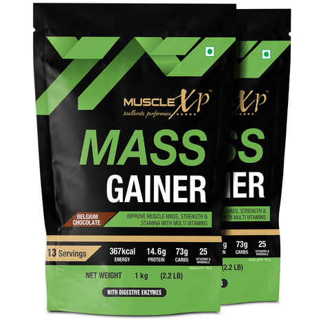 Buy MuscleXP Mass Gainer With 25 Vitamins and Minerals, Lean Whey Protein Muscle Mass Gainer, Digestive Enzymes, Belgium Chocolate, 1kg Pouch (2.2 lb) x Pack Of 2 - Purplle