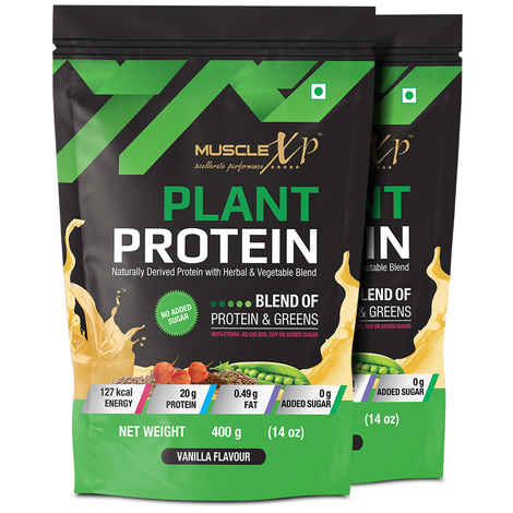 MuscleXP Plant Protein - Natural Protein Powder with Pea Protein, Herbal and Vegetable Blend, Vanilla Flavour, 400gm Pouch x Pack Of 2