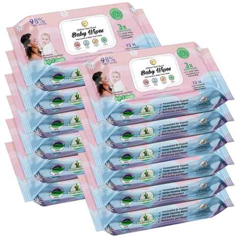 Mom & World Natural 98% Pure Water Baby Wipes, Plant Based , 3X Soothing With Aloe Vera, Calendula & Cucumber, pH Balanced, Extra Thick | Extra Moist, 72 N Wipes x Pack of 12