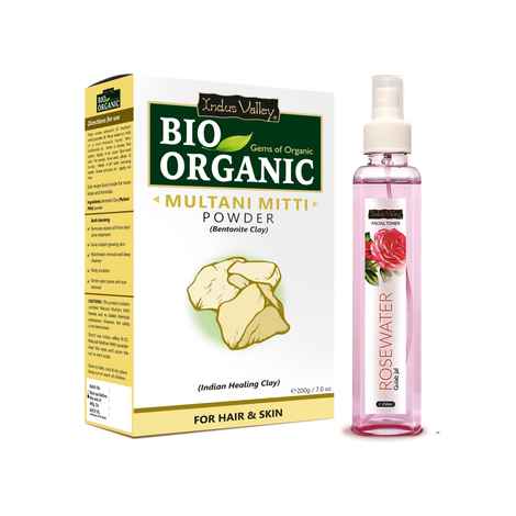 Buy Indus Valley Organic Multani mitti (200 gm) with Fresh Rose Water (250 ml) (2 Items in the set) - Purplle