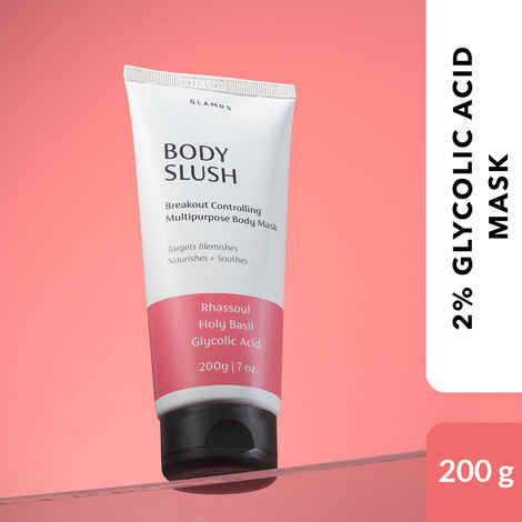 Glamrs BODY SLUSH Breakout Controlling Multipurpose Body Mask with Glycolic Acid, Rhassoul Clay and Shea Butter for Pimples and Acne Marks On Back, Buttocks, Arms, Legs, Chest and Face (200g)