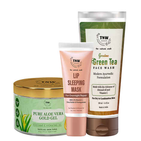 Buy Combo of 3- Green Tea Face Wash 100ml + Pure Aloe Vera Gold Gel 100gm + Lip Sleeping Mask 10g - Purplle
