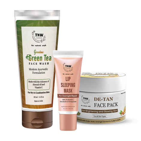 Buy Combo of 3- Green Tea Face Wash 100ml + De Tan Pack 50gm + Lip Sleeping Mask 10g - Purplle