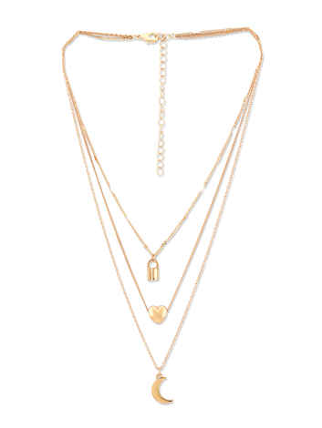 Buy Lilly & Sparkle Gold Toned Three Layered Neckalce With Lock, Heart And Mood Charm - Purplle