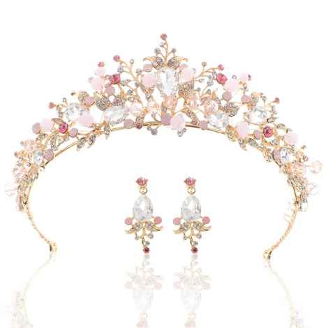 Buy Latest Fashion Floral Design Multicolour Crystal Golden Bridal Wedding Crown Tiaras with Earrings for Women and Girls - Purplle
