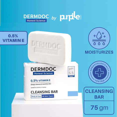 DERMDOC by Purplle 0.5% Vitamin E Cleansing Bar (75 gm) | Soap Free, Alkali Free | Mild, Gentle Cleansing Soap, Moisturising Soap, pH 5.5 Soap | vitamin e for dry skin | facial cleansing bar