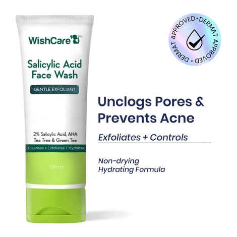 WishCare 2% Salicylic Acid Face Wash with AHA, GreenTea & Tea Tree For Oliy & Acne Prone|Gently Exfoliates & Unclogs Pores|Reduces Active Acne, Blackheads & Whiteheads|Suitable for Both Men & Women|100 ml