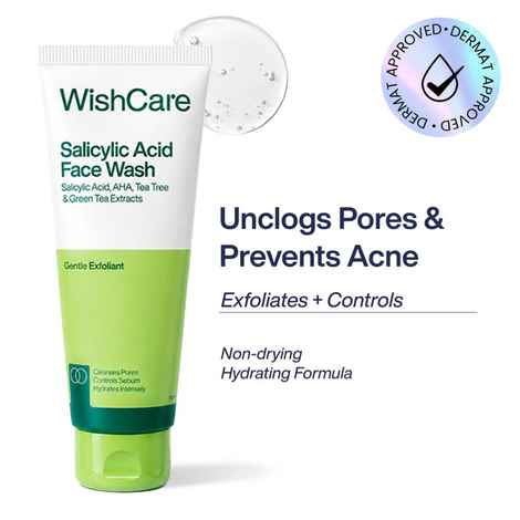WishCare 2% Salicylic Acid Face Wash with AHA, GreenTea & Tea Tree For Oliy & Acne Prone|Gently Exfoliates & Unclogs Pores|Reduces Active Acne, Blackheads & Whiteheads|Suitable for Both Men & Women|100 ml