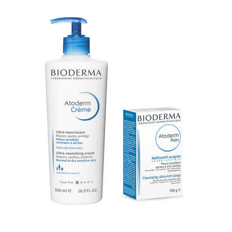 Bioderma Atoderm Combo - Ultra-Nourishing Moisturizer, 500ml + Intensive Cleansing Ultra Rich Soap For Dry to Very Dry Skin, 150gm
