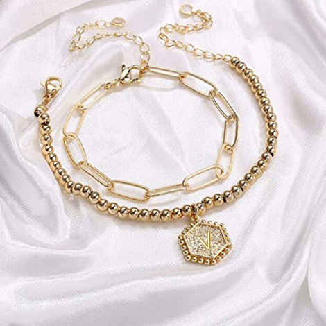 Buy Jewels Galaxy Jewellery For Women Gold Plated Alphabetical "V" Bracelet - Purplle