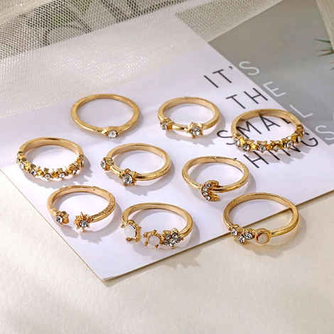 Buy Jewels Galaxy Women Set of 9 Gold-Plated Stone-Studded Finger Rings - Purplle
