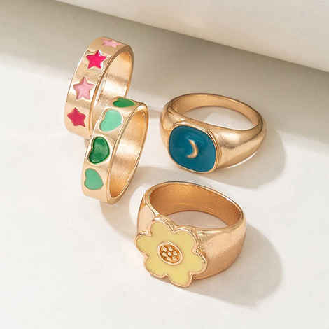 Buy Jewels Galaxy Set Of 4 Gold-Plated Multi-Coloured Enamelled Design Finger Ring - Purplle