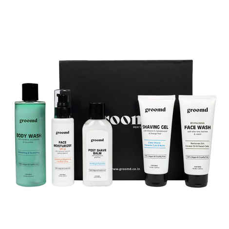 Groomd Shave and Body Kit - Shaving Gel (100ML), Post Shave Balm (120ML), Revitalising Face wash (100ML), Daily Face Moisturiser (100ML) & Refreshing Body Wash (250ML) (5 Pcs)