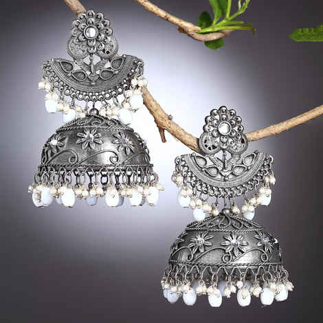 Buy Moedbuille Antique Tribal Design Pearls Studded Oxidised Silver Plated Handcrafted Tassell Jhumkas - Purplle