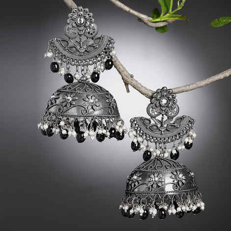 Buy Moedbuille Antique Tribal Design Pearls Studded Oxidised Silver Plated Handcrafted Tassell Jhumkas - Purplle