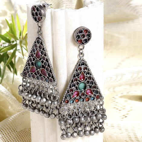 Buy Moedbuille Meenakari Work Antique Afghan Design Oxidised Silver Plated Handcrafted Tassell Earrings - Purplle