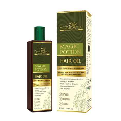 Ertheveda Magic Potion Hair Oil with Curry Leaves & Fenugreek - For All Hair types - Non Sticky & Light Weight - No Mineral Oil, Silicones & Synthetic Fragrances - 200ml