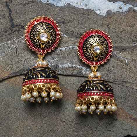 Buy Golden Peacock Black & Red Gold Toned Dome Shaped Earring - Purplle