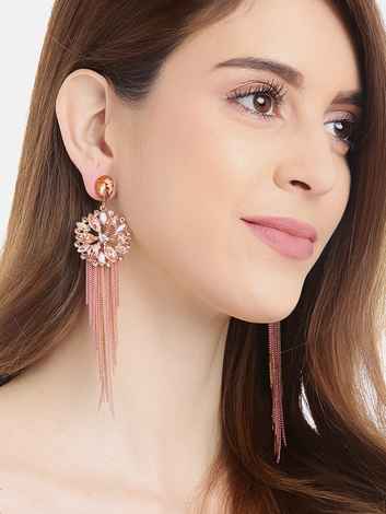Buy YouBella Peach-Coloured Gold-Toned Stone-Studded Tasselled Floral Drop Earrings - Purplle