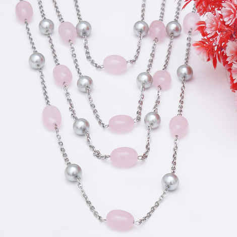 Karatcart Pink Tumble and Silver Beads Studded Multilayered Rani Haar Necklace