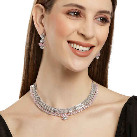Buy Karatcart Silver Tone Pink AD Necklace Set for Women - Purplle