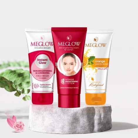 Buy Meglow Skincare Combo Pack of 3- Premium Fairness Cream for Women 50g + Instant Glow Facewash 70g+ Orange Peel and Reveal Face Mask 70g - Purplle