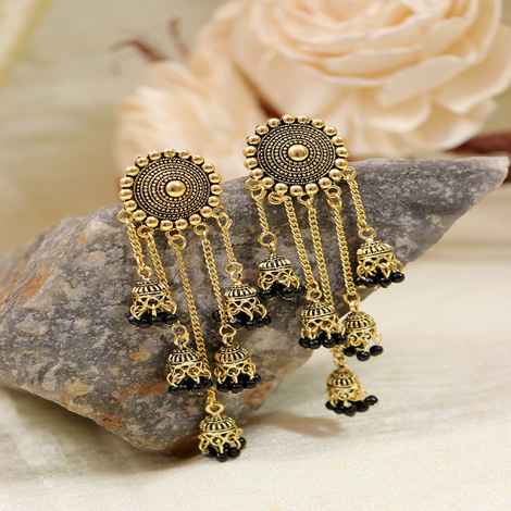 Buy Crunchy Fashion Retro Big Gold Jhumka With Black Beads Long Chain Tassel Hangers Earrings - RAE1785 - Purplle
