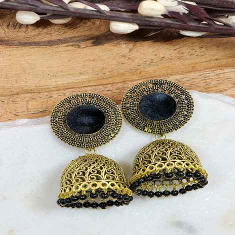 Buy Crunchy Fashion Crunchy Fashion Round Shape Black Velvet Gold-plated Enamel Jhumka Earring - RAE2042 - Purplle