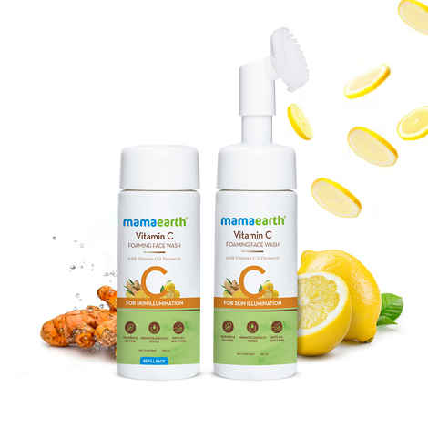 Mamaearth Vitamin C Foaming Face Wash with brush, Combo Pack with Refill for Skin Illumination - 150 ml + 150 ml