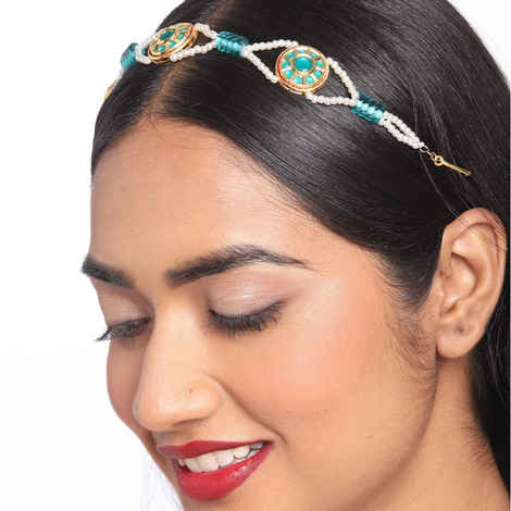 Head Chain W Shell Blueberry Blueberry Women Blue White Pearl and Stone Embellished Head Chain