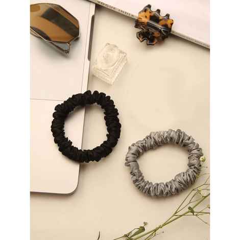 Spotstyl Mulberry Silk Skinny Scrunchies - Pack of 2 - Silver & Black