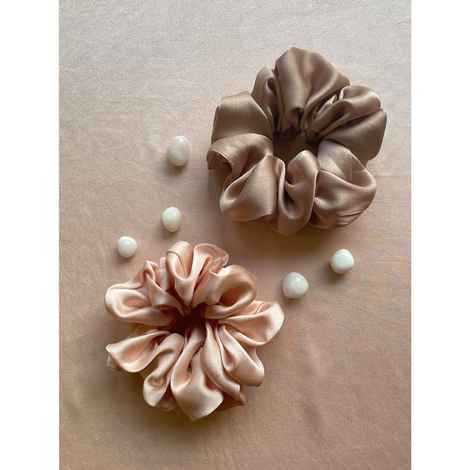 Spotstyl Mulberry Silk Oversized Scrunchies - Pack of 2 - Gold & Nude