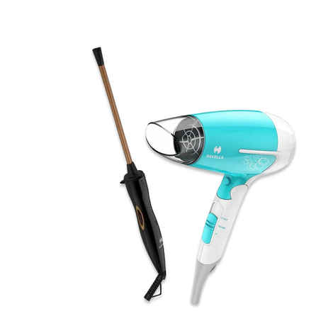 Buy Havells HD3151 1200W Foldable Hair Dryer, 3 Heat (Hot/Cool/Warm) Settings with Cool Shot button (Turquoise) + Havells HC4031 7mm thin Chopstick Curler, ceramic barrel ,Fast heat up results into Longlasting maggie Curls for Short & Long hair (Black) - Purplle