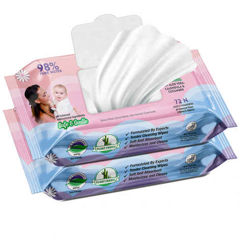 Mom & World Natural 98% Pure Water Baby Wipes, Plant Based , 3X Soothing With Aloe Vera, Calendula & Cucumber, pH Balanced, Extra Thick | Extra Moist, 72 N Wipes x Pack of 2
