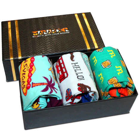 Man Arden The Happy Homochrom Designer Edition Men Ankle Socks Gift Box Collection, World's Finest Cotton (Combo of 3 | Size: Free Size | Color: Multicolor | Length: Ankle)