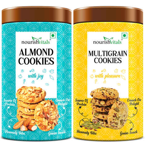 Buy NourishVitals Almond Cookies + Multigrain Cookies, Heavenly Bites, Source of Protein, Crunchy Delights, Genius Snack, 120g Each - Purplle