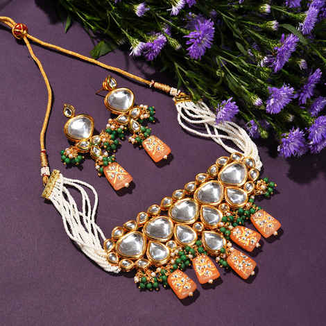 Buy SOHI Women Gold-Plated White Kundan Studded Green Orange Beaded Jewellery Set - Purplle