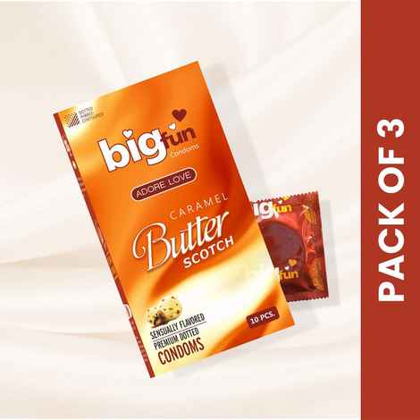 Buy Bigfun Flavoured Condoms Combo Pack of 3 (10Pcs Each Pack) | Dotted, Ribbed & Contoured Long Lasting For Men | Caramel Butter Scotch Flavour Condom - (Total 30pcs) - Purplle