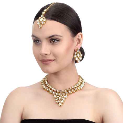 Buy Bamboo Tree Jewels Kundan Necklace Earring And Maang Tika Gold Color Jewellery Set - Purplle